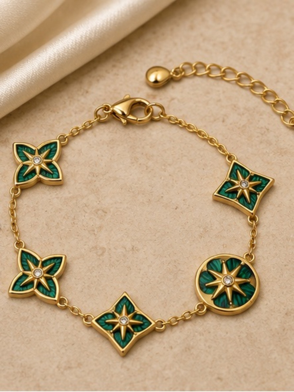 Luxe Gold Bracelet with Green Enamel Floral Motifs